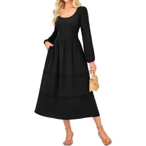 imageGRACE KARIN Long Sleeve Dresses for Women 2025 Fall Outfits Puff Crewneck Wedding Guest Casual Dresses with PocketsBlack