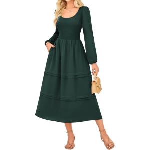 imageGRACE KARIN Long Sleeve Dresses for Women 2025 Fall Outfits Puff Crewneck Wedding Guest Casual Dresses with PocketsDark Green