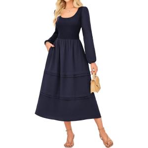 imageGRACE KARIN Long Sleeve Dresses for Women 2025 Fall Outfits Puff Crewneck Wedding Guest Casual Dresses with PocketsNavy Blue
