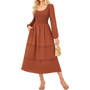 imageGRACE KARIN Long Sleeve Dresses for Women 2025 Fall Outfits Puff Crewneck Wedding Guest Casual Dresses with PocketsOrange Brown