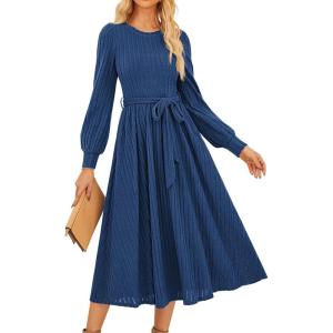 imageGRACE KARIN Women Long Sleeve Knit Dress 2025 Fall Tie Waist Crew Neck Ribbed Casul A Line Midi DressBlue
