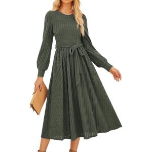 imageGRACE KARIN Women Long Sleeve Knit Dress 2025 Fall Tie Waist Crew Neck Ribbed Casul A Line Midi DressGray Green