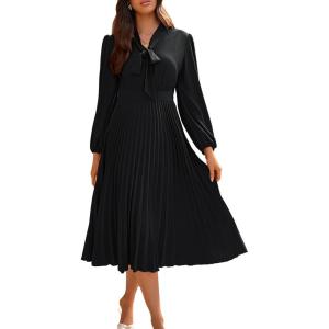imageGRACE KARIN Womens 2025 Fall Long Sleeve Dress Casual V Neck Pleated A Line Flowy Midi DressesBlack