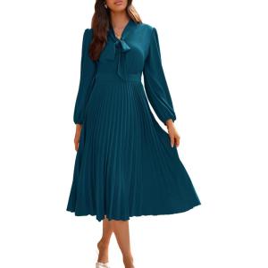 imageGRACE KARIN Womens 2025 Fall Long Sleeve Dress Casual V Neck Pleated A Line Flowy Midi DressesBlue Grey