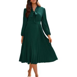 imageGRACE KARIN Womens 2025 Fall Long Sleeve Dress Casual V Neck Pleated A Line Flowy Midi DressesDark Green