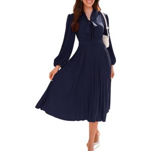 imageGRACE KARIN Womens 2025 Fall Long Sleeve Dress Casual V Neck Pleated A Line Flowy Midi DressesNavy Blue
