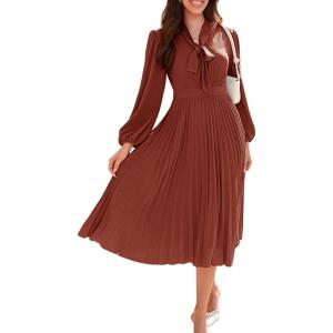imageGRACE KARIN Womens 2025 Fall Long Sleeve Dress Casual V Neck Pleated A Line Flowy Midi DressesOrange