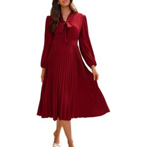 imageGRACE KARIN Womens 2025 Fall Long Sleeve Dress Casual V Neck Pleated A Line Flowy Midi DressesWine Red