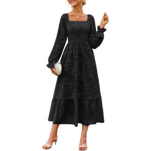 imageGRACE KARIN Womens 2025 Fall Long Sleeve Maxi Dress Floral Wedding Guest Dress Smocked Flowy Tiered Dresses with PocketsBlack