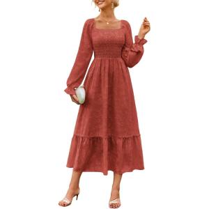 imageGRACE KARIN Womens 2025 Fall Long Sleeve Maxi Dress Floral Wedding Guest Dress Smocked Flowy Tiered Dresses with PocketsBrick Red