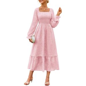 imageGRACE KARIN Womens 2025 Fall Long Sleeve Maxi Dress Floral Wedding Guest Dress Smocked Flowy Tiered Dresses with PocketsLight Pink