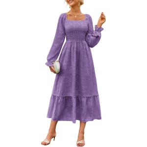 imageGRACE KARIN Womens 2025 Fall Long Sleeve Maxi Dress Floral Wedding Guest Dress Smocked Flowy Tiered Dresses with PocketsPurple