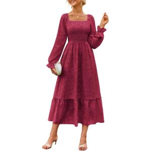 imageGRACE KARIN Womens 2025 Fall Long Sleeve Maxi Dress Floral Wedding Guest Dress Smocked Flowy Tiered Dresses with PocketsWine Red