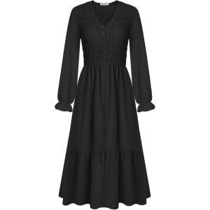 imageGRACE KARIN Womens 2025 Fall Long Sleeve Maxi Dresses Smocked V Neck Flowy Casual Dress with Pockets Wedding GuestBlack