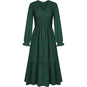 imageGRACE KARIN Womens 2025 Fall Long Sleeve Maxi Dresses Smocked V Neck Flowy Casual Dress with Pockets Wedding GuestDark Green