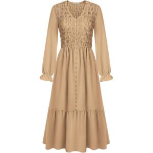 imageGRACE KARIN Womens 2025 Fall Long Sleeve Maxi Dresses Smocked V Neck Flowy Casual Dress with Pockets Wedding GuestKhaki