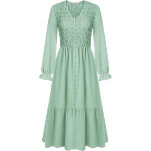 imageGRACE KARIN Womens 2025 Fall Long Sleeve Maxi Dresses Smocked V Neck Flowy Casual Dress with Pockets Wedding GuestLight Green