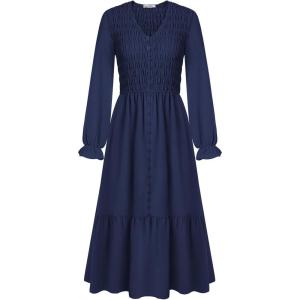 imageGRACE KARIN Womens 2025 Fall Long Sleeve Maxi Dresses Smocked V Neck Flowy Casual Dress with Pockets Wedding GuestNavy