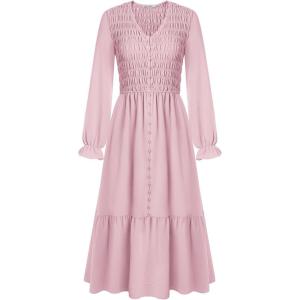 imageGRACE KARIN Womens 2025 Fall Long Sleeve Maxi Dresses Smocked V Neck Flowy Casual Dress with Pockets Wedding GuestPink
