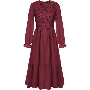 imageGRACE KARIN Womens 2025 Fall Long Sleeve Maxi Dresses Smocked V Neck Flowy Casual Dress with Pockets Wedding GuestWine Red