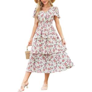 imageGRACE KARIN Womens 2025 Floral Summer Long Midi Dress V Neck Short Sleeve Ruffle Tiered Layered Boho Swing DressesApricot Pink Floral