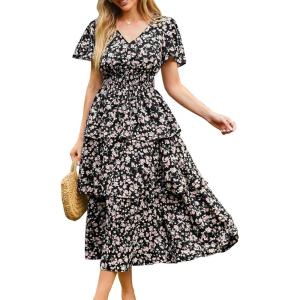 imageGRACE KARIN Womens 2025 Floral Summer Long Midi Dress V Neck Short Sleeve Ruffle Tiered Layered Boho Swing DressesBlack Rose Floral