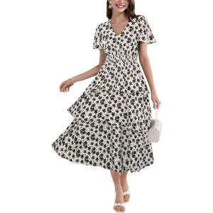 imageGRACE KARIN Womens 2025 Floral Summer Long Midi Dress V Neck Short Sleeve Ruffle Tiered Layered Boho Swing DressesBlackwhite Floral