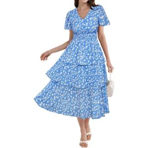 imageGRACE KARIN Womens 2025 Floral Summer Long Midi Dress V Neck Short Sleeve Ruffle Tiered Layered Boho Swing DressesBlue Floral