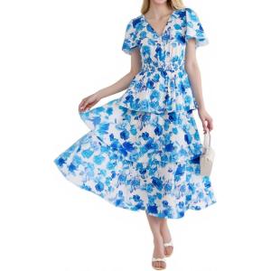 imageGRACE KARIN Womens 2025 Floral Summer Long Midi Dress V Neck Short Sleeve Ruffle Tiered Layered Boho Swing DressesBlue Purple Floral
