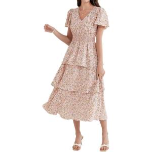 imageGRACE KARIN Womens 2025 Floral Summer Long Midi Dress V Neck Short Sleeve Ruffle Tiered Layered Boho Swing DressesOrange Floral