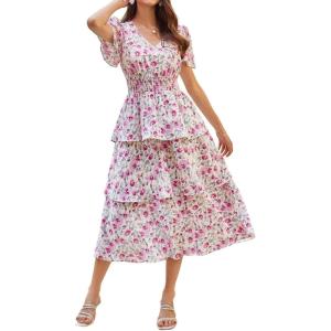 imageGRACE KARIN Womens 2025 Floral Summer Long Midi Dress V Neck Short Sleeve Ruffle Tiered Layered Boho Swing DressesPink Floral