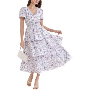 imageGRACE KARIN Womens 2025 Floral Summer Long Midi Dress V Neck Short Sleeve Ruffle Tiered Layered Boho Swing DressesPurple Floral