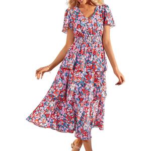 imageGRACE KARIN Womens 2025 Floral Summer Long Midi Dress V Neck Short Sleeve Ruffle Tiered Layered Boho Swing DressesRedpink Floral