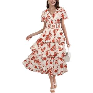 imageGRACE KARIN Womens 2025 Floral Summer Long Midi Dress V Neck Short Sleeve Ruffle Tiered Layered Boho Swing DressesRedwhite Floral