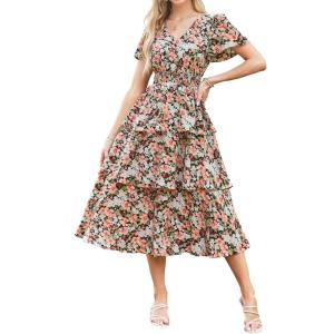 imageGRACE KARIN Womens 2025 Floral Summer Long Midi Dress V Neck Short Sleeve Ruffle Tiered Layered Boho Swing DressesSunflower