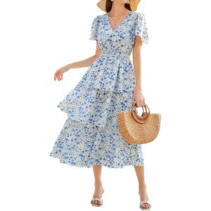 imageGRACE KARIN Womens 2025 Floral Summer Long Midi Dress V Neck Short Sleeve Ruffle Tiered Layered Boho Swing DressesWhite Blue Floral