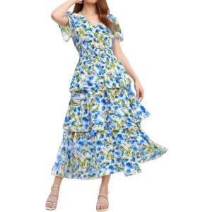 imageGRACE KARIN Womens 2025 Floral Summer Long Midi Dress V Neck Short Sleeve Ruffle Tiered Layered Boho Swing DressesYellow Blue Floral