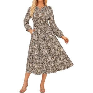 imageGRACE KARIN Womens 2025 Long Sleeve Floral Maxi Dress V Neck High Waist A Line Flowy Wedding Guest DressesBrown