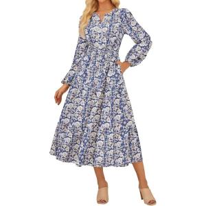 imageGRACE KARIN Womens 2025 Long Sleeve Floral Maxi Dress V Neck High Waist A Line Flowy Wedding Guest DressesWhite Blue Floral