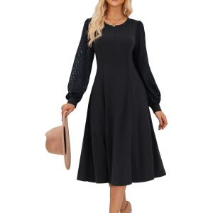 imageGRACE KARIN Womens 2025 Summer Long Lace Sleeve Dresses Crewneck Pleated A Line Flowy Casual Midi Dresses with PocketsBlack