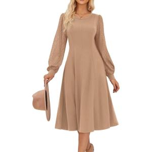 imageGRACE KARIN Womens 2025 Summer Long Lace Sleeve Dresses Crewneck Pleated A Line Flowy Casual Midi Dresses with PocketsKhaki