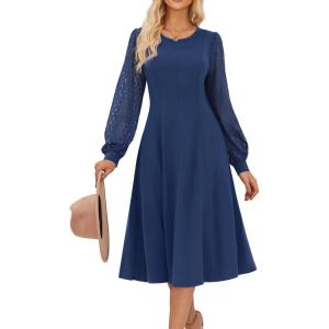 imageGRACE KARIN Womens 2025 Summer Long Lace Sleeve Dresses Crewneck Pleated A Line Flowy Casual Midi Dresses with PocketsNavy Blue