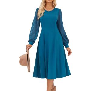 imageGRACE KARIN Womens 2025 Summer Long Lace Sleeve Dresses Crewneck Pleated A Line Flowy Casual Midi Dresses with PocketsPeacock Blue