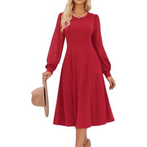 imageGRACE KARIN Womens 2025 Summer Long Lace Sleeve Dresses Crewneck Pleated A Line Flowy Casual Midi Dresses with PocketsWine Red