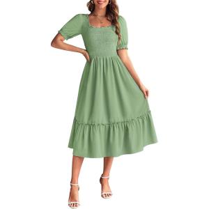 imageGRACE KARIN Womens Casual Summer Dresses Puff Short Sleve Square Neck Smocked Midi Dress A Line Flowy Dresses with PocketsGreen