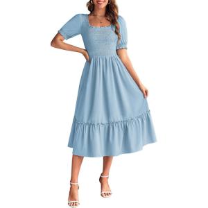 imageGRACE KARIN Womens Casual Summer Dresses Puff Short Sleve Square Neck Smocked Midi Dress A Line Flowy Dresses with PocketsLight Blue
