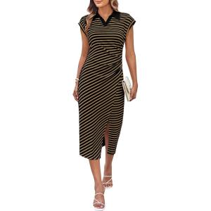 imageGRACE KARIN Womens Casual Summer Dresses Striped Polo V Neck Cap Sleeve Side Slit Ruched Bodycon Stretch Midi DressesBrown