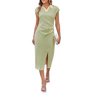 imageGRACE KARIN Womens Casual Summer Dresses Striped Polo V Neck Cap Sleeve Side Slit Ruched Bodycon Stretch Midi DressesGreen