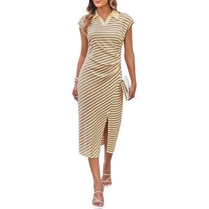 imageGRACE KARIN Womens Casual Summer Dresses Striped Polo V Neck Cap Sleeve Side Slit Ruched Bodycon Stretch Midi DressesKhaki