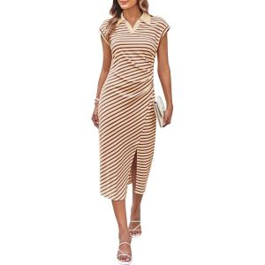 imageGRACE KARIN Womens Casual Summer Dresses Striped Polo V Neck Cap Sleeve Side Slit Ruched Bodycon Stretch Midi DressesMineral Red